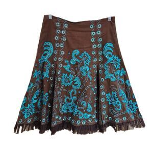 boho fairycore brown blue embroidered sequin midi skirt